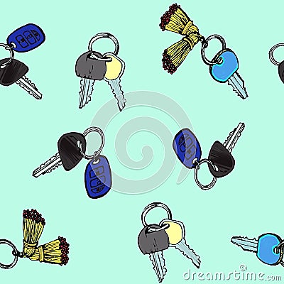 Hand drawn car keyes on keyring pattern blue Stock Photo