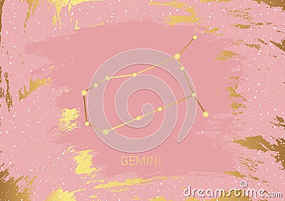 Hand drawn card of gold Gemini, star, brush. Constellation celestial space. Zodiac horoscope symbol, star astrology, astrology Vector Illustration