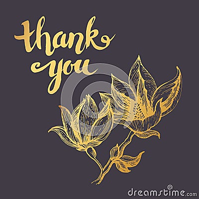 Hand-drawn card thank you in golden old-fashioned flower. Vector Illustration