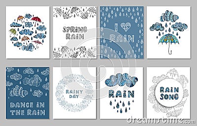 Hand drawn cards with inscriptions with umbrellas, drops, clouds Vector Illustration