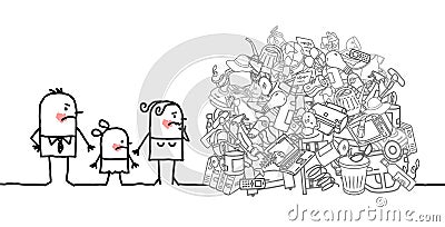 Cartoon ashamed consumer Family, watching a big pile of garbage and waste Vector Illustration