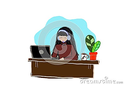 Hand drawn cartoon Asian girl Wearing Headsets and Using the Computer for a Hotline or Call Center. Customers service online servi Stock Photo