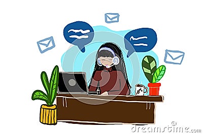 Hand drawn cartoon Asian girl Wearing Headsets and Using the Computer for a Hotline or Call Center. Customers service online servi Stock Photo