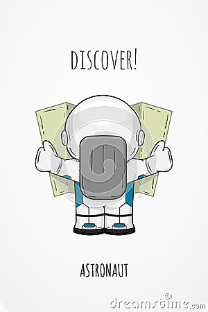 Hand drawn cartoon astronaut in spacesuit back view. Line art cosmic vector illustration cosmonaut look at the map Vector Illustration