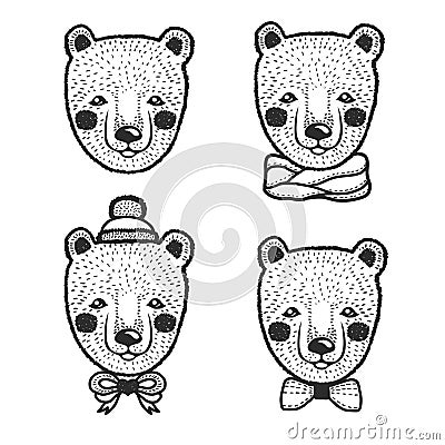 Hand drawn cartoon bear head prints set. Vector vintage illustration. Vector Illustration