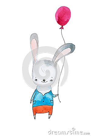 Hand-drawn cartoon bunny rabbit in pants and shirt with balloon isolated on white background Stock Photo