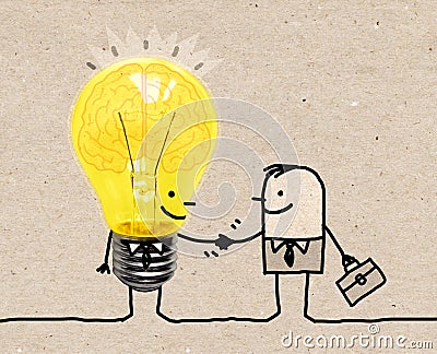 Cartoon Businessman Shaking Hands with Funny Light Bulb character Stock Photo