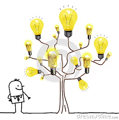 Cartoon Businessman Watching a Light Bulbs Tree Stock Photo