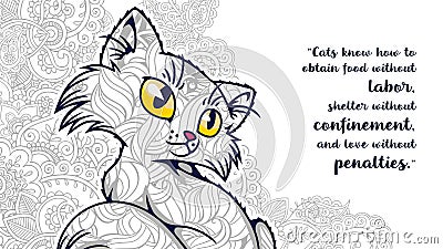 hand drawn cartoon cat doodle with quote for adult coloring page Stock Photo