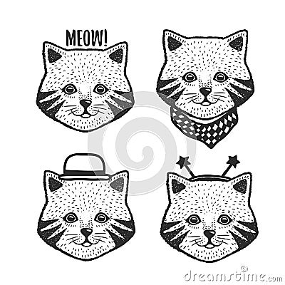 Hand drawn cartoon cat head prints set. Vector vintage illustration. Vector Illustration