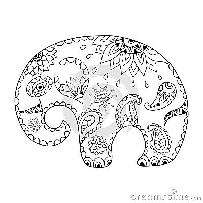 Hand drawn cartoon elephant for adult anti stress colouring page. Pattern for coloring book. Vector Illustration