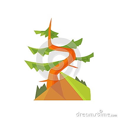 Hand drawn cartoon forest landscape with curved evergreen pine on the hill. Coniferous tree. Woodland nature. Flat Vector Illustration