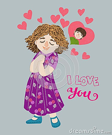 Hand-drawn cartoon girl thinks about the boy. Vector Illustration