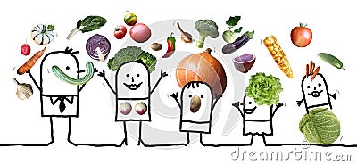 Cartoon Happy Family playing and Juggling with Vegetables Stock Photo