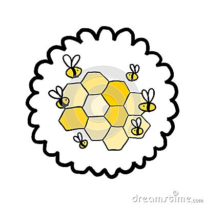 Hand drawn cartoon honeycomb with bees Vector Illustration