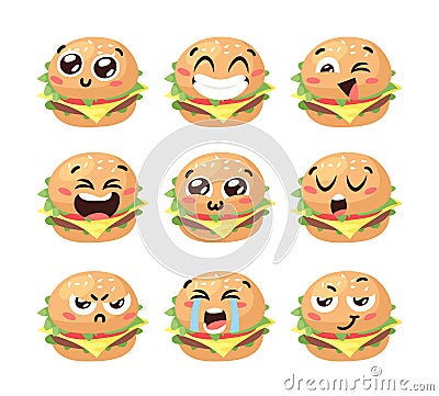 Hand Drawn Cartoon Illustration Burger Emoji. Fast Food Vector Drawing Humburger Emoticon. Tasty Image Meal. Flat Style Collection Vector Illustration