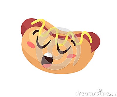 Hand Drawn Cartoon Illustration Hot Dog Emoji. Fast Food Vector Drawing Emoticon. Tasty Image Meal. Flat Style Collection American Stock Photo