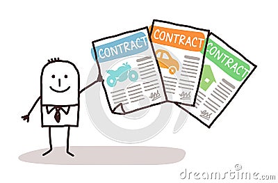 Cartoon Insurance Agent with Motorbike, Car and House Contracts Vector Illustration