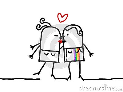 Cartoon Lesbian Women Couple, Kissing and Loving Vector Illustration