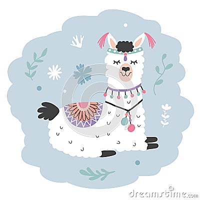 Hand Drawn Cartoon Llama. Cute Alpaca Vector Illustration