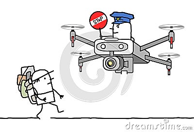 Cartoon man with backpack stopped by a cop riding a drone Vector Illustration