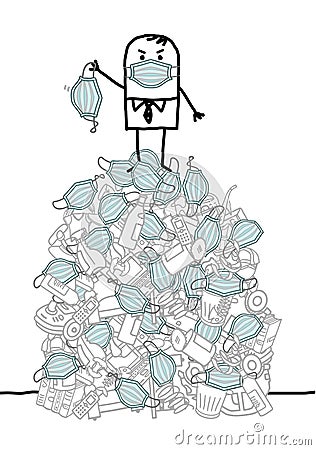 Cartoon man on the top of a big pile of garbage, with disposable Covid Masks Vector Illustration