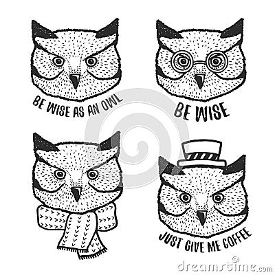 Hand drawn cartoon owl head prints set. Vector vintage illustration. Vector Illustration