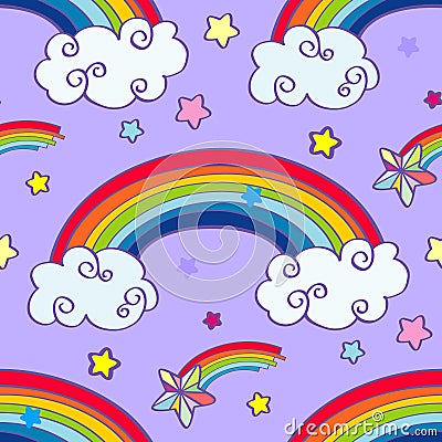 Hand drawn cartoon rainbow, clouds and falling Vector Illustration