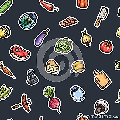 Hand drawn cartoon seamless pattern of food and kitchen stuff. Vector Illustration