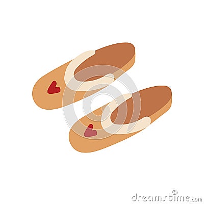 Hand drawn cartoon slippers decorated with red hearts. Soft cozy home shoes for comfortable rest. Vector illustration isolated on Cartoon Illustration