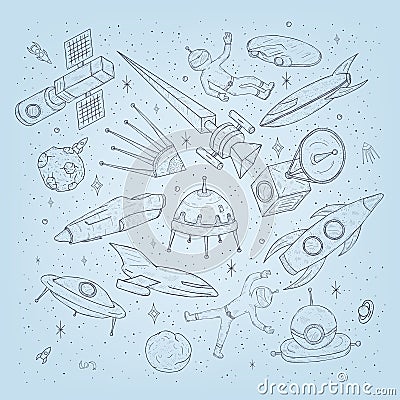 Hand drawn cartoon space planets, shuttles, rockets, satellites, cosmonaut and other elements. Set doodles cosmic symbols Vector Illustration
