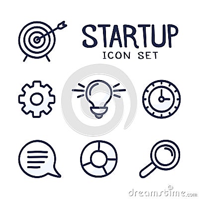 Hand drawn cartoon Start Up or Business Related Vector doodle Icons set. Contains such Icons as Bulb, Target, Chart and more Vector Illustration