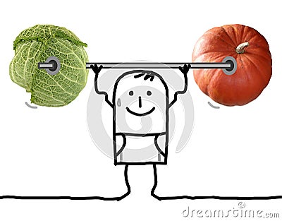 Cartoon Strong and sporty Boy with big Veggie Weights Stock Photo