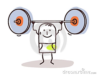 Cartoon Strong and sporty Boy with big Weights Vector Illustration