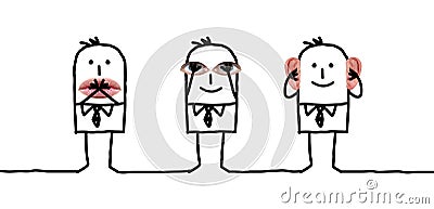 Cartoon three Men Hiding Mouth, Eyes and Ears Stock Photo