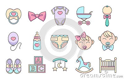 Hand drawn cartoon vector icons set for creating infographics related to children and babies , like pacifier, romper suit, baby bu Stock Photo