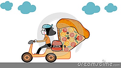 Pizza home delivery girl on scooter with big Pizza mascot cartoon vector Vector Illustration