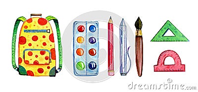 Hand drawn cartoon watercolor set of different school items - backpack, paints, rulers Stock Photo