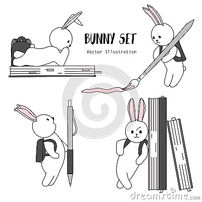 Hand drawn cartoon white bunny with backpack in school. Set of vector bunnies. Cute scketch character design. Rabbit schoolboy . D Vector Illustration