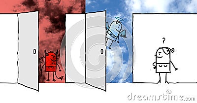 Cartoon woman front of two big opened doors : Heaven and Hell Stock Photo