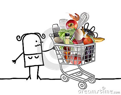 Cartoon Woman with Full Shopping Cart Stock Photo