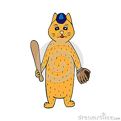 Hand-drawn cat baseball player. Color illustration Vector Illustration