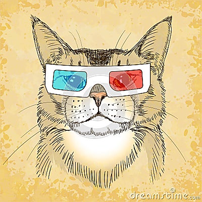 Hand Drawn Cat with 3d Glasses. Vector illustration, eps10. Vector Illustration