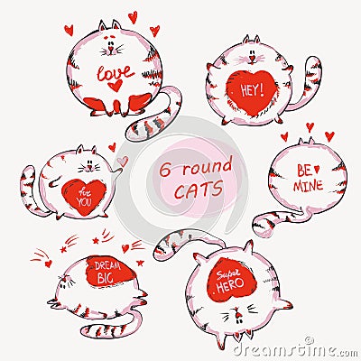 Hand drawn cats set with words. Cute doodle vector animals for prints , kid apparel, girlish fashion design print Vector Illustration