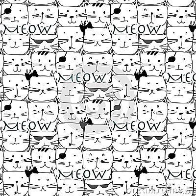 Hand drawn cats vector pattern. Doodle art. Vector Illustration