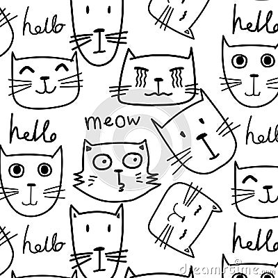 Hand drawn cats vector pattern. Doodle art. Vector Illustration