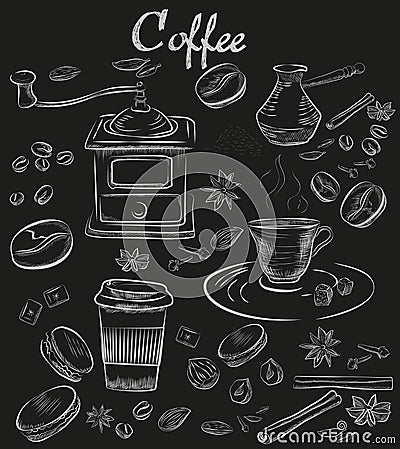 Hand-drawn chalk blackboard decorative coffee collection. Vintage coffee set. Vector Illustration