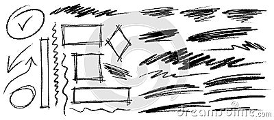 Hand drawn chalk brush set. Grunge frames, squares, rectangles, arrows, and scribbled lines for sketch design. Vector Vector Illustration