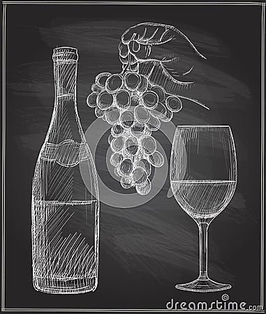 Chalk illustration of a man hand holding bunch of grapes, glass of wine and a bottle of wine Vector Illustration