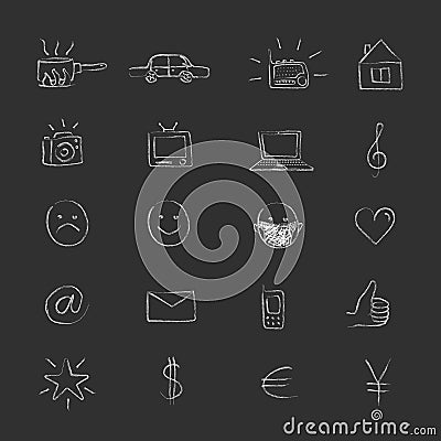 Hand-drawn chalk organic icons, set of 20 illustrations Vector Illustration